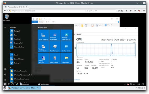 Windows Server 2016 in a Linux + KDE browser