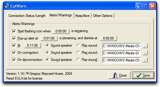 CutWarn Screenshot (Alerts Tab)