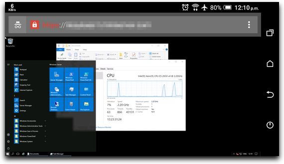 Windows Server 2016 in an Android browser